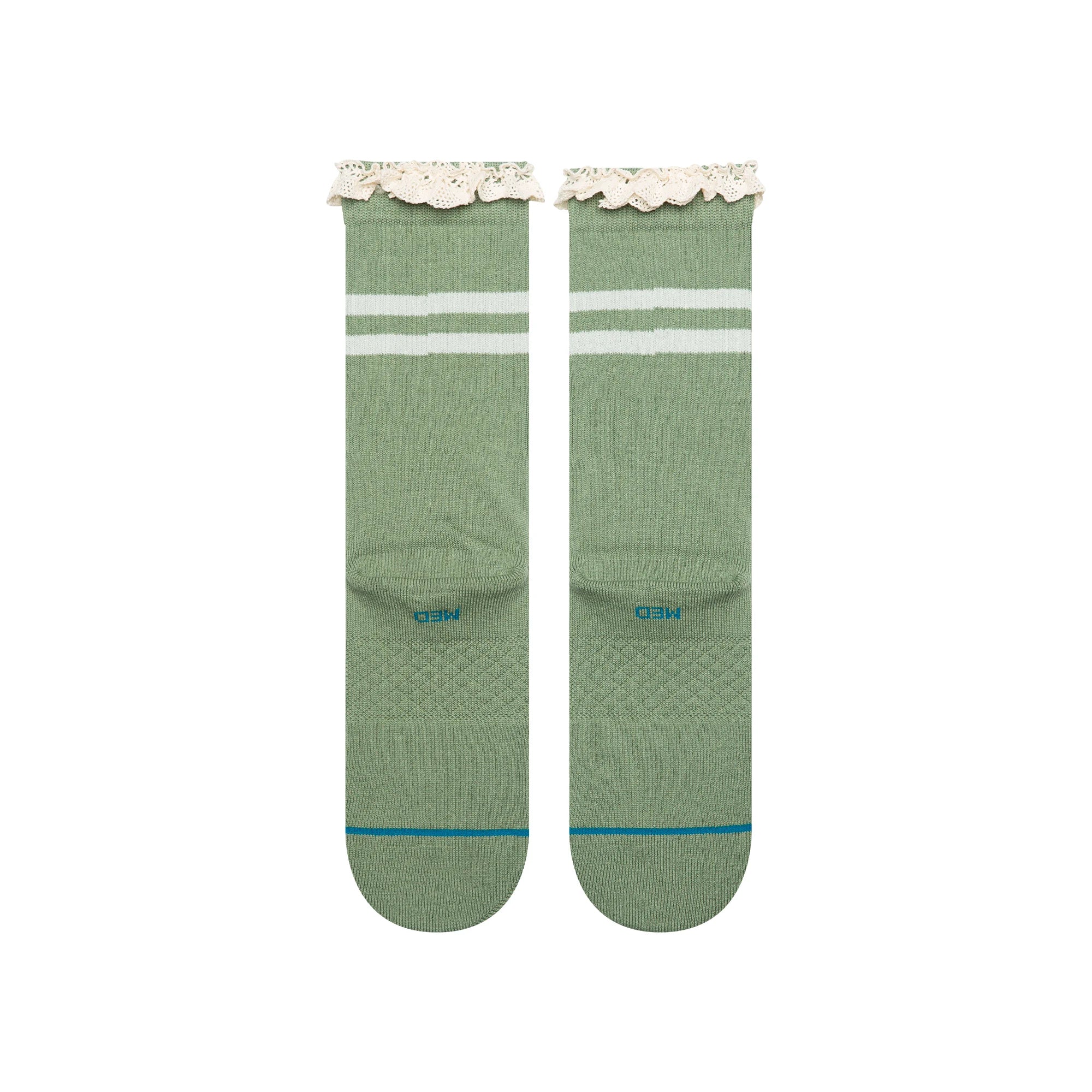 Green stance have a good day socks with white stripes and text on a white background
