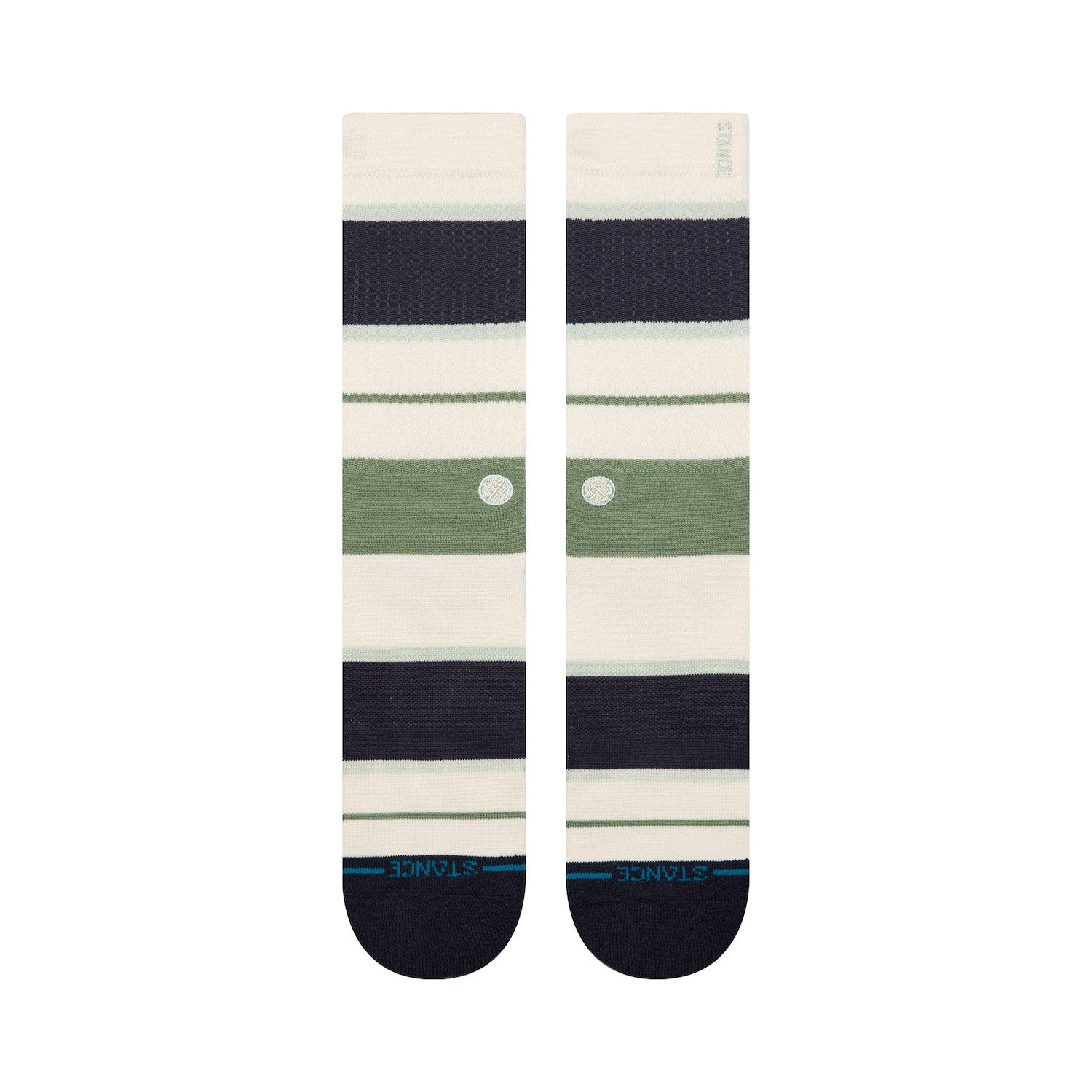 Pair of striped stance men's butterblend socks with a visible brand logo on a white background