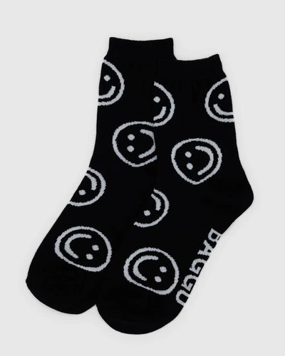 black Baggu Crew Sock with smiley faces