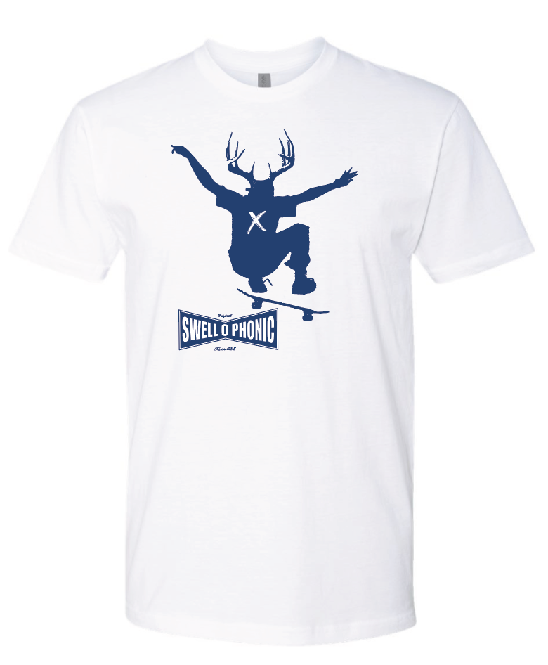white swell-o-phonic tee shirt featuring a skateboarder mid-air with antlers in navy