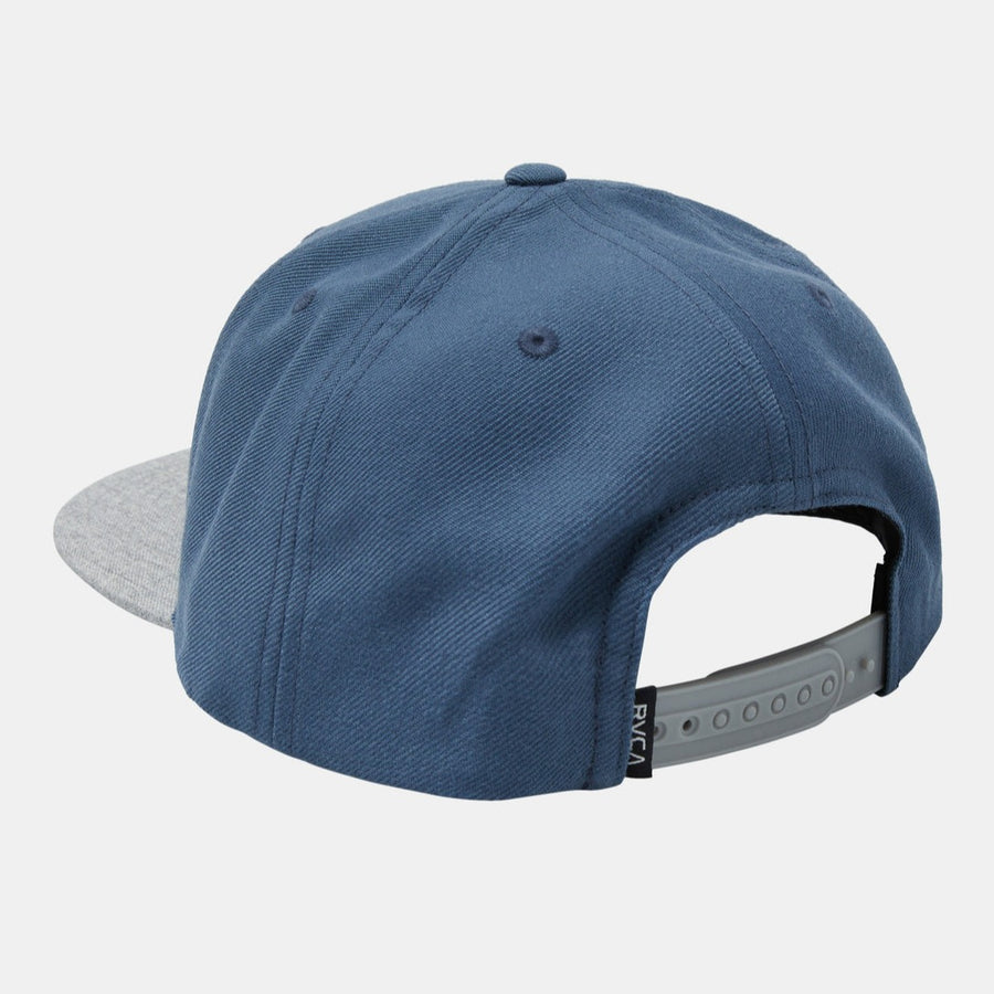 blue rvca hat with a flat grey bill