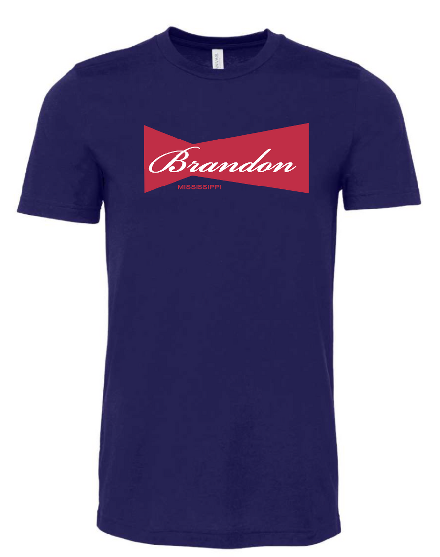 tee shirt featuring a vintage budweiser logo win red with brandon mississippi in white