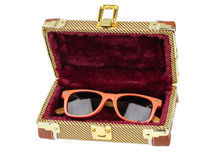 orange glassy and fender sunglasses colab with black lenses and pau ferro wood arms