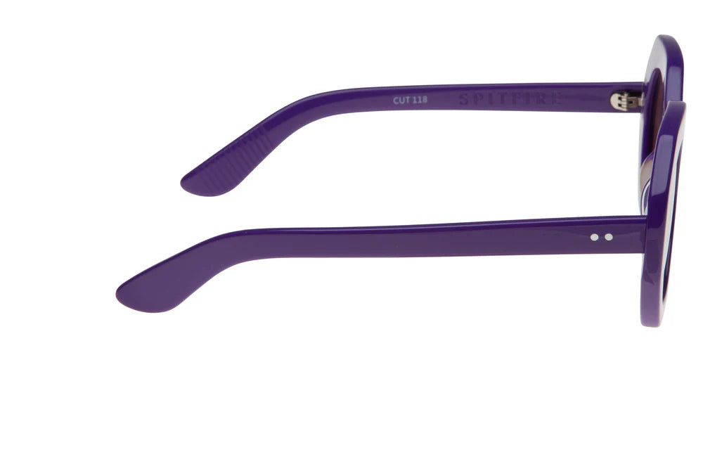 Purple spitfire sunglasses with brown lenses on a white background