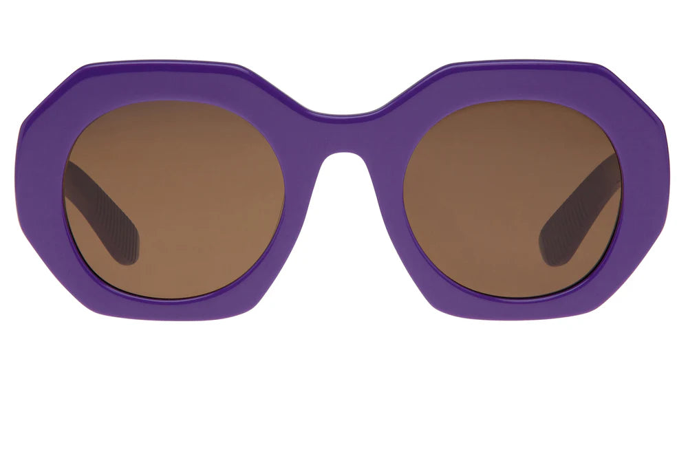 Purple spitfire sunglasses with brown lenses on a white background