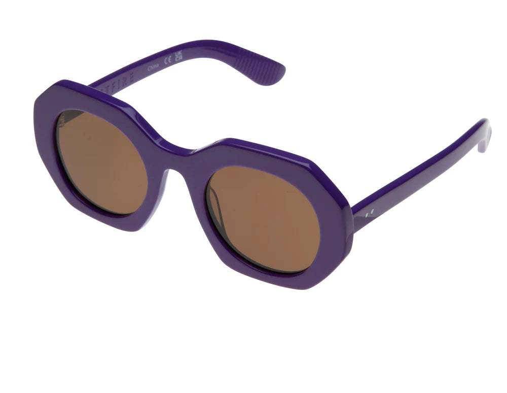 Purple spitfire sunglasses with brown lenses on a white background