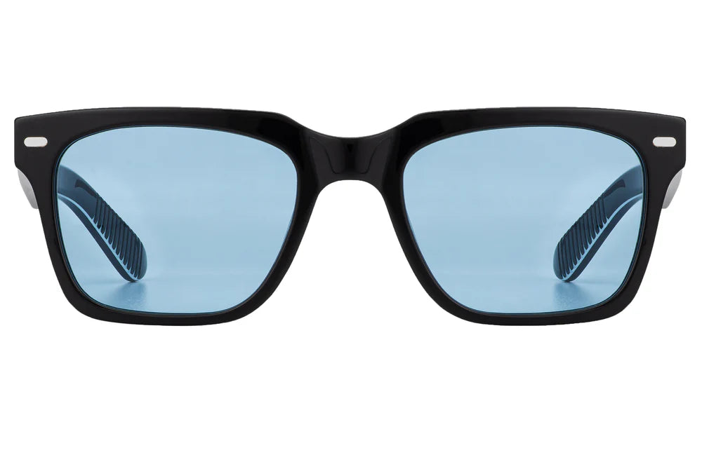 Black spitfire sunglasses with blue lenses on a white background