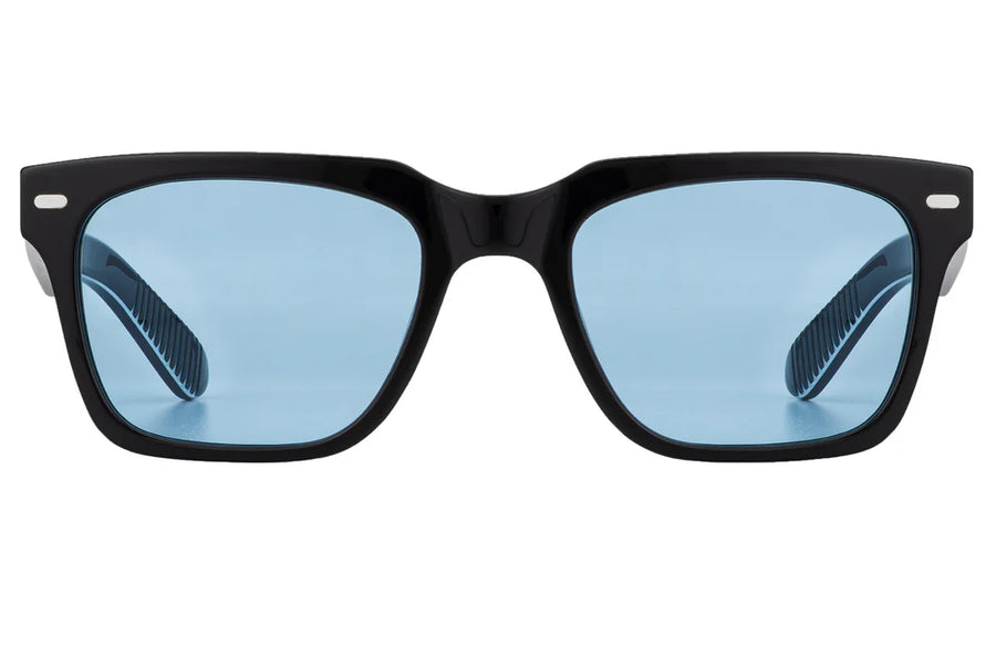 Black spitfire sunglasses with blue lenses on a white background