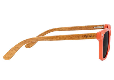 orange glassy and fender sunglasses colab with black lenses and pau ferro wood arms