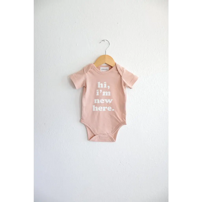 Hi, I'm New Here in Rose Organic Cotton Baby Onesie