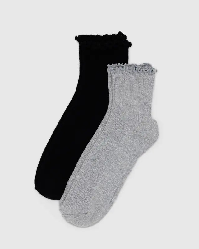 Baggu Lettuce Edge Sock Set of 2 - Heather Grey & Black