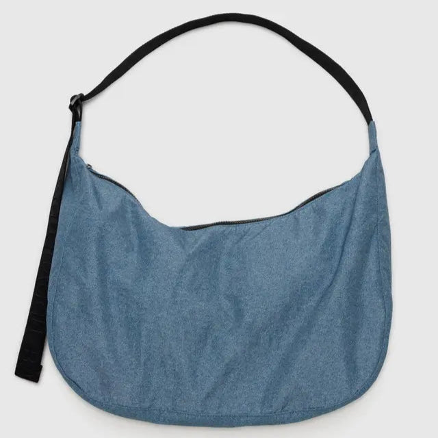 blue nylon large crescent baggu bag