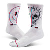 white pyvot men's socks featuring a half smiley face/half skull In collaboration with San diego based artist Metal Mexican