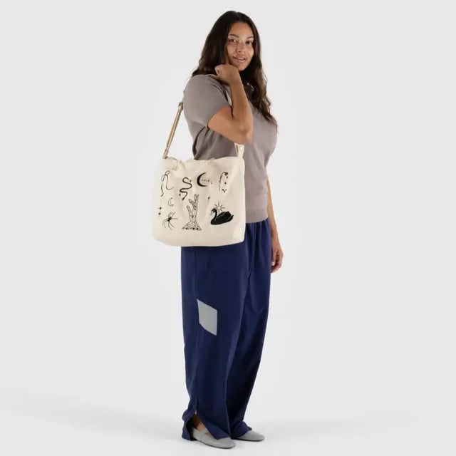 off white canvas zip tote bag with Embroidered Ballet Icons from baggu