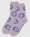 purple baggu crew socks with navy blue smiley faces