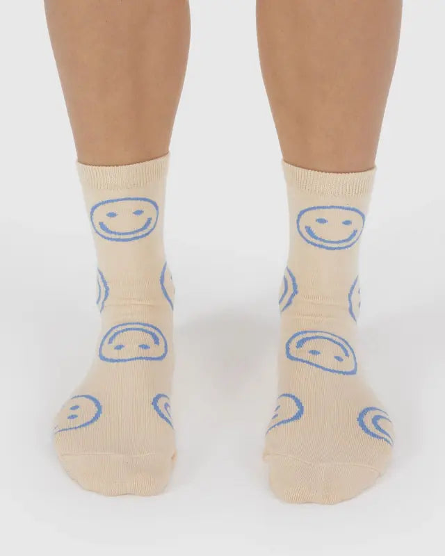 off white baggu crew sock with light blue smiley faces