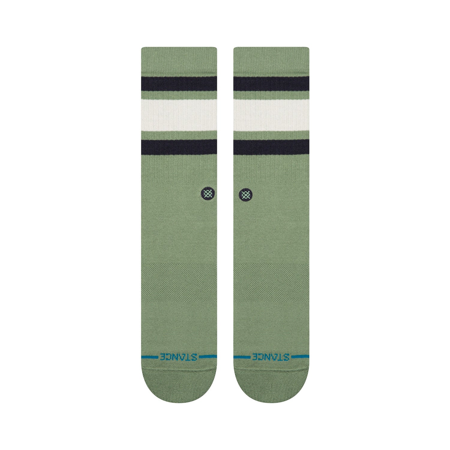 Pair of green stance men's boyd st crew socks with black and white stripes on a white background