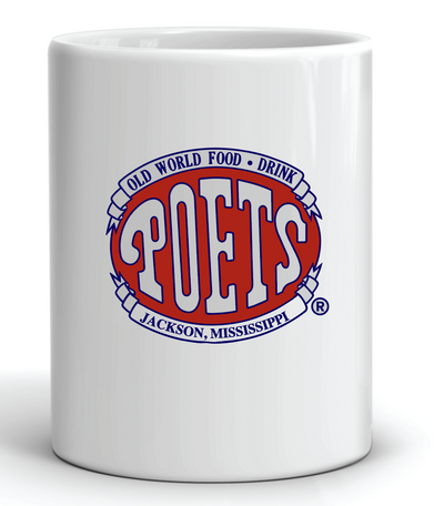 White mug with 'Poets' logo featuring red and blue text on a white background
