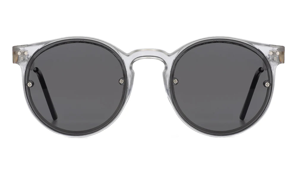 A pair of Spitfire sunglasses with clear and black acetate frames and flat lenses.