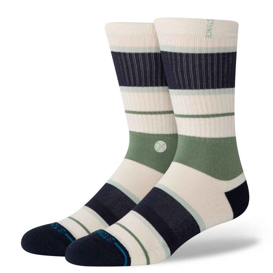 Pair of striped stance men's butterblend socks with a visible brand logo on a white background