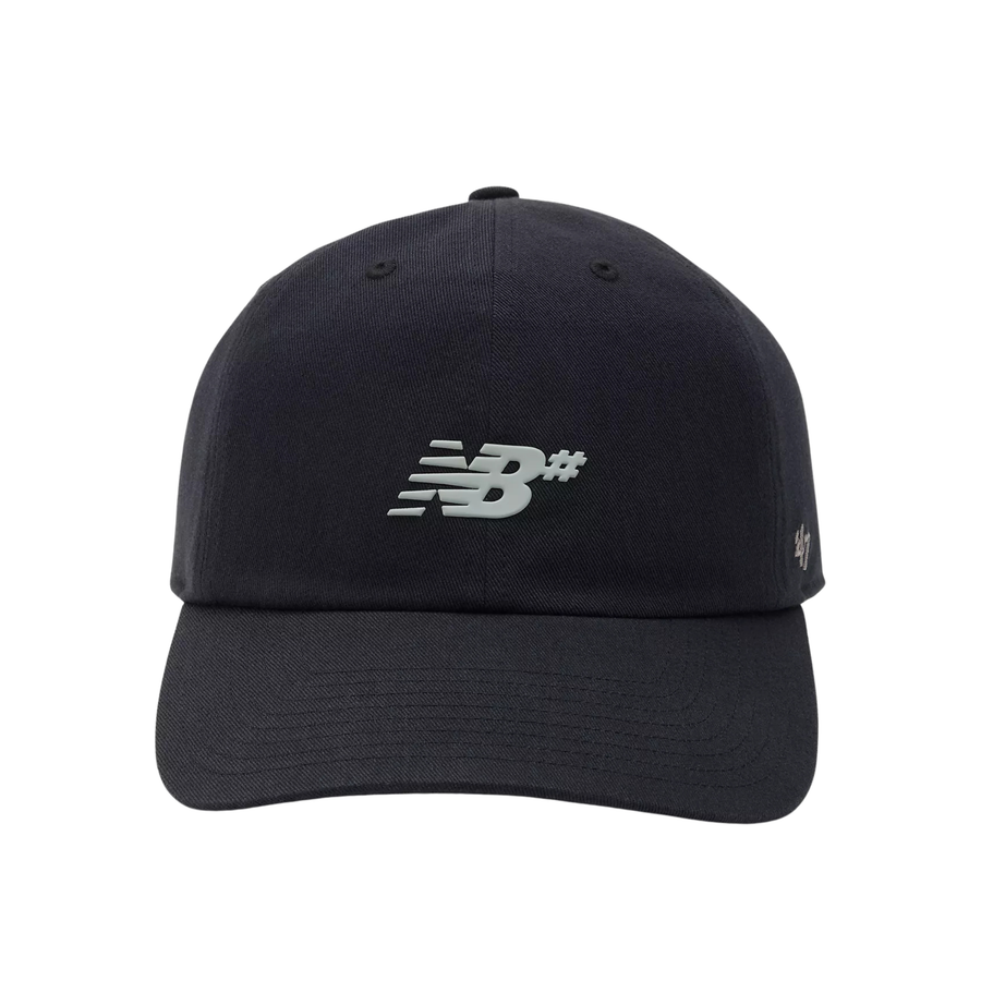Black new balance numeric clean up hat with a logo on a white background