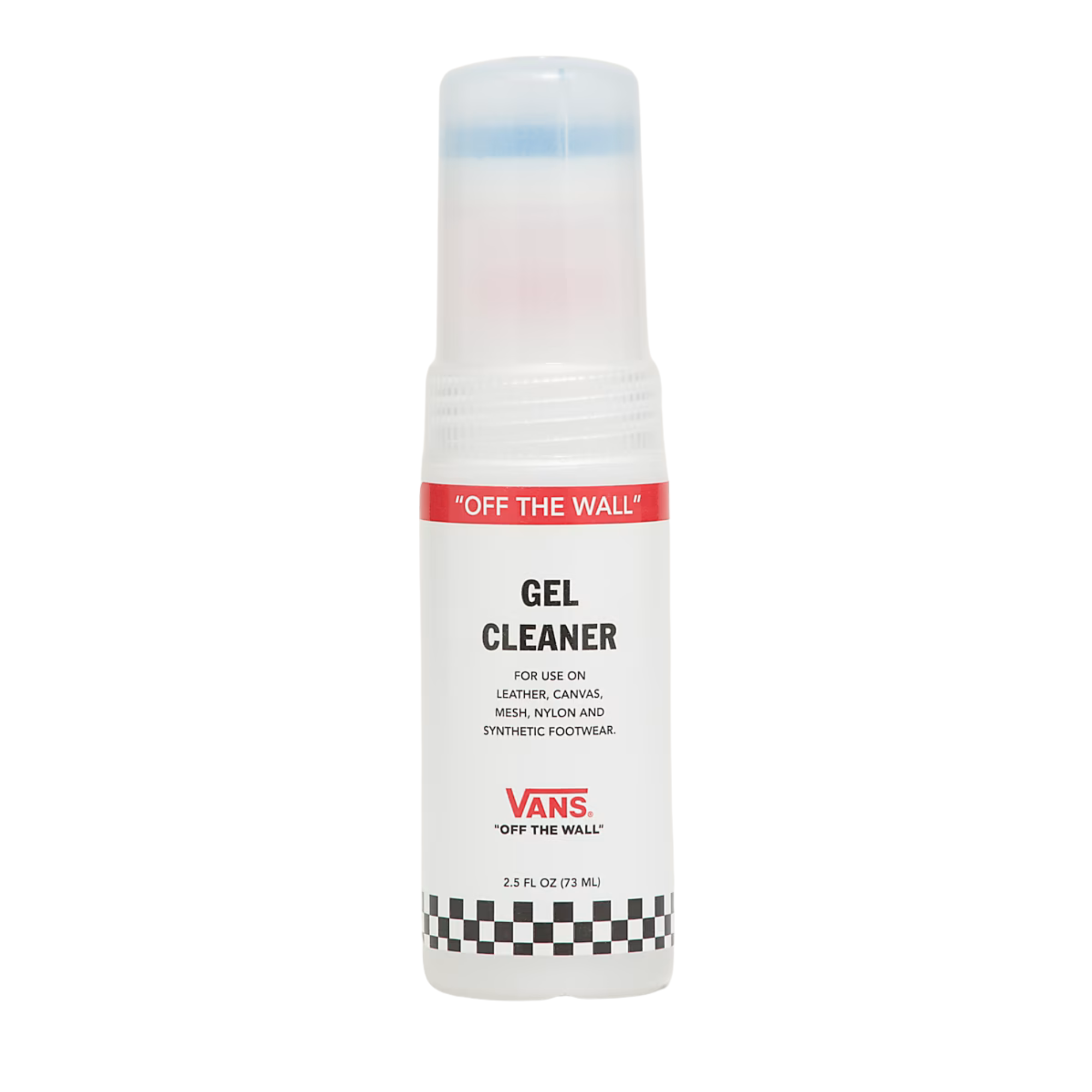 Vans Gel Cleaner bottle with a translucent cap and white label, featuring red and black text and a checkered bottom band, on a white background.