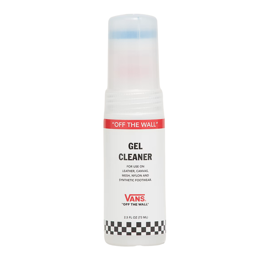 Vans Gel Cleaner bottle with a translucent cap and white label, featuring red and black text and a checkered bottom band, on a white background.