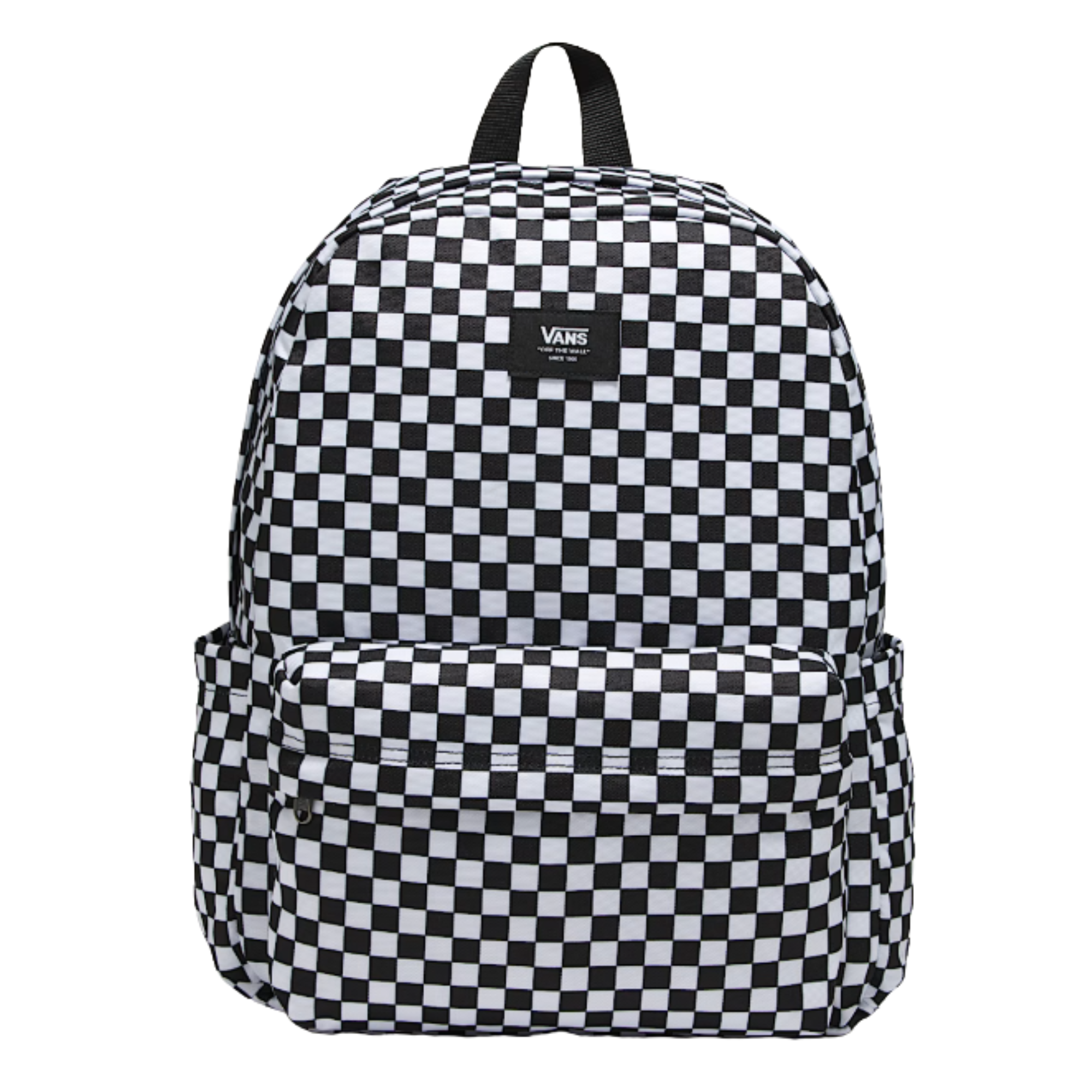 Black and white checkered backpack with Vans logo on a white background