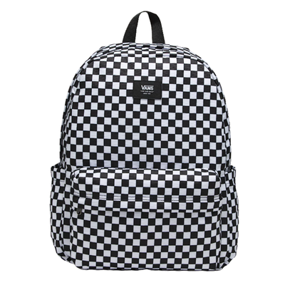 Black and white checkered backpack with Vans logo on a white background