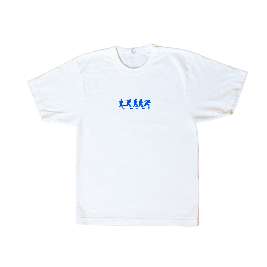 white OE Athletics heavyweight  tee shirt with 5 PEOPLE RUNNING ON IT IN BLUE 