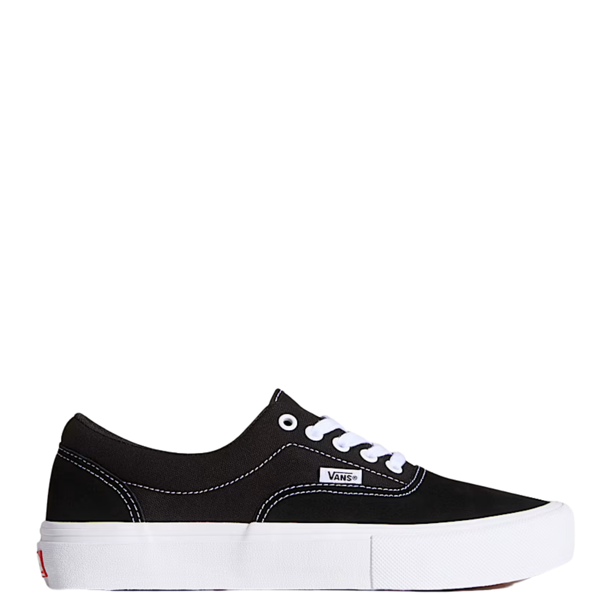 Black and white vans skate era sneaker with white laces on a white background