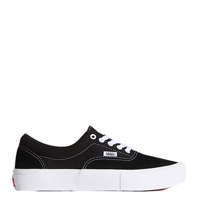 Black and white vans skate era sneaker with white laces on a white background