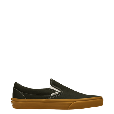 dark green vans mens slip-on sneaker with brown sole on a white background