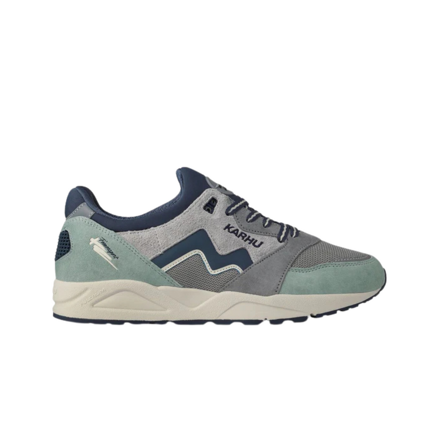 Gray and green karhu aria 95 legends sneaker with 'Karhu' branding on a white background