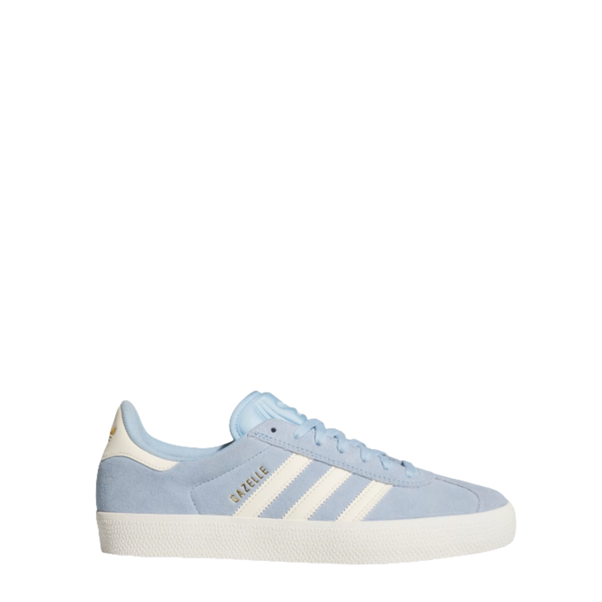 Light blue Adidas gazelle adv sneaker with white stripes on a white background