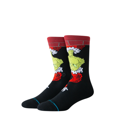 black stance grinch down the chimney dr seuss crew socks on a white background