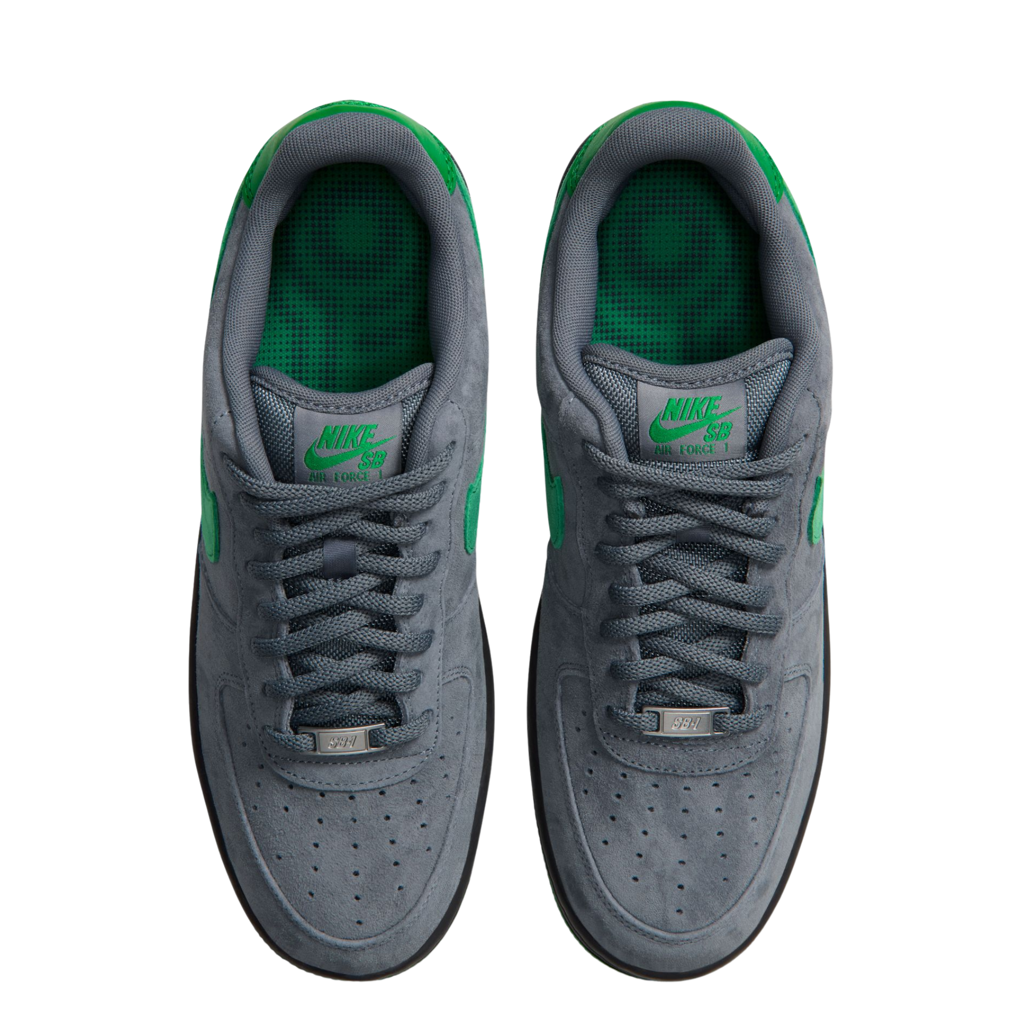 grey nike sb x nocturnal air force 1 with green swoosh and black and green sole on a white background