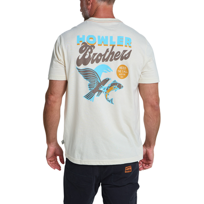 A man viewed from the back wearing a cream-colored t-shirt with a large graphic on the back. The graphic features the text 'HOWLER Brothers' in blue and brown, above a blue and yellow fish design.