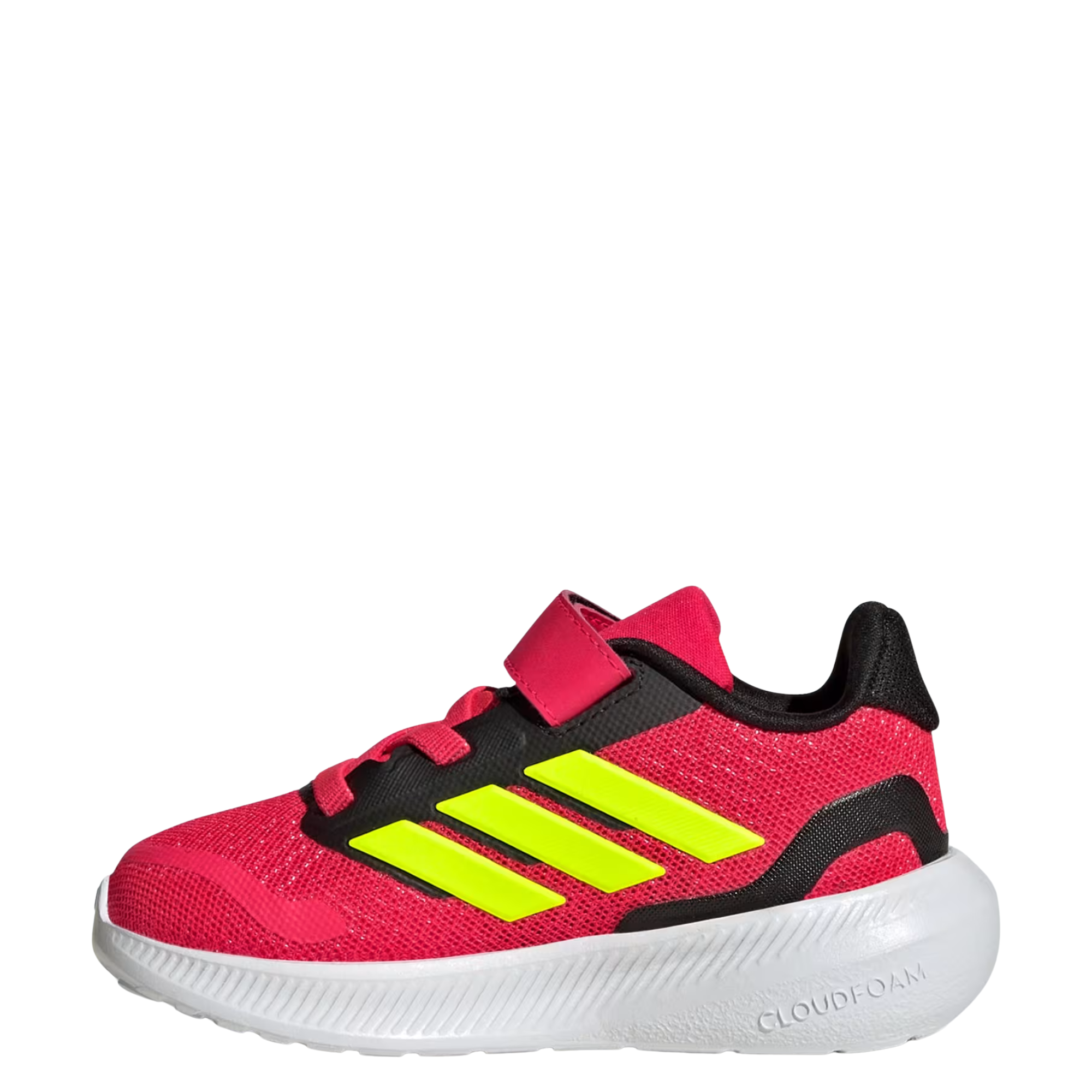 red and black Adidas runfalcon 5 kids elastic lace shoe with yellow stripes on a white background