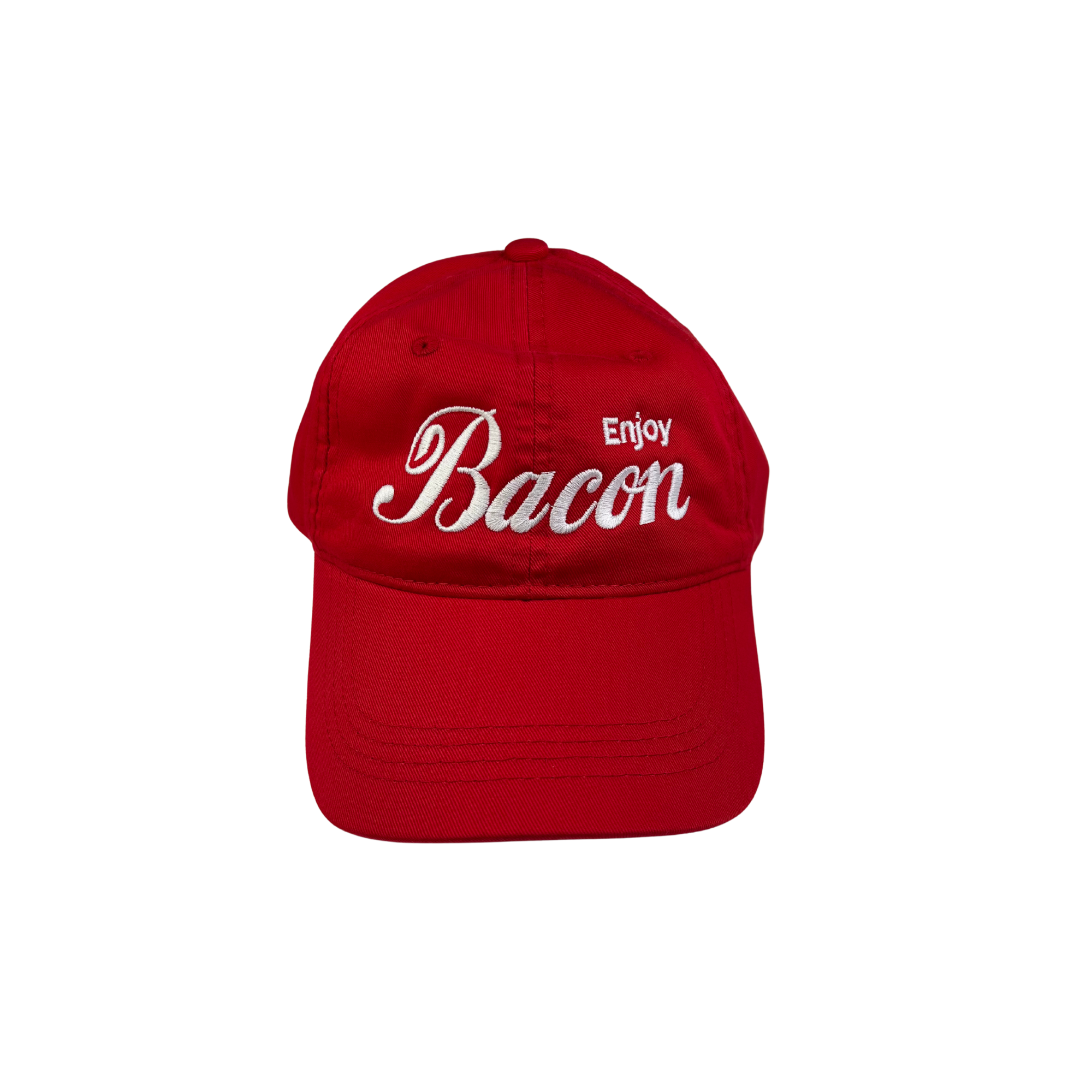 Red cap with 'Enjoy Bacon' text on a white background