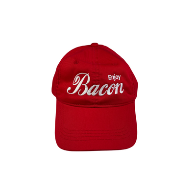 Red cap with 'Enjoy Bacon' text on a white background