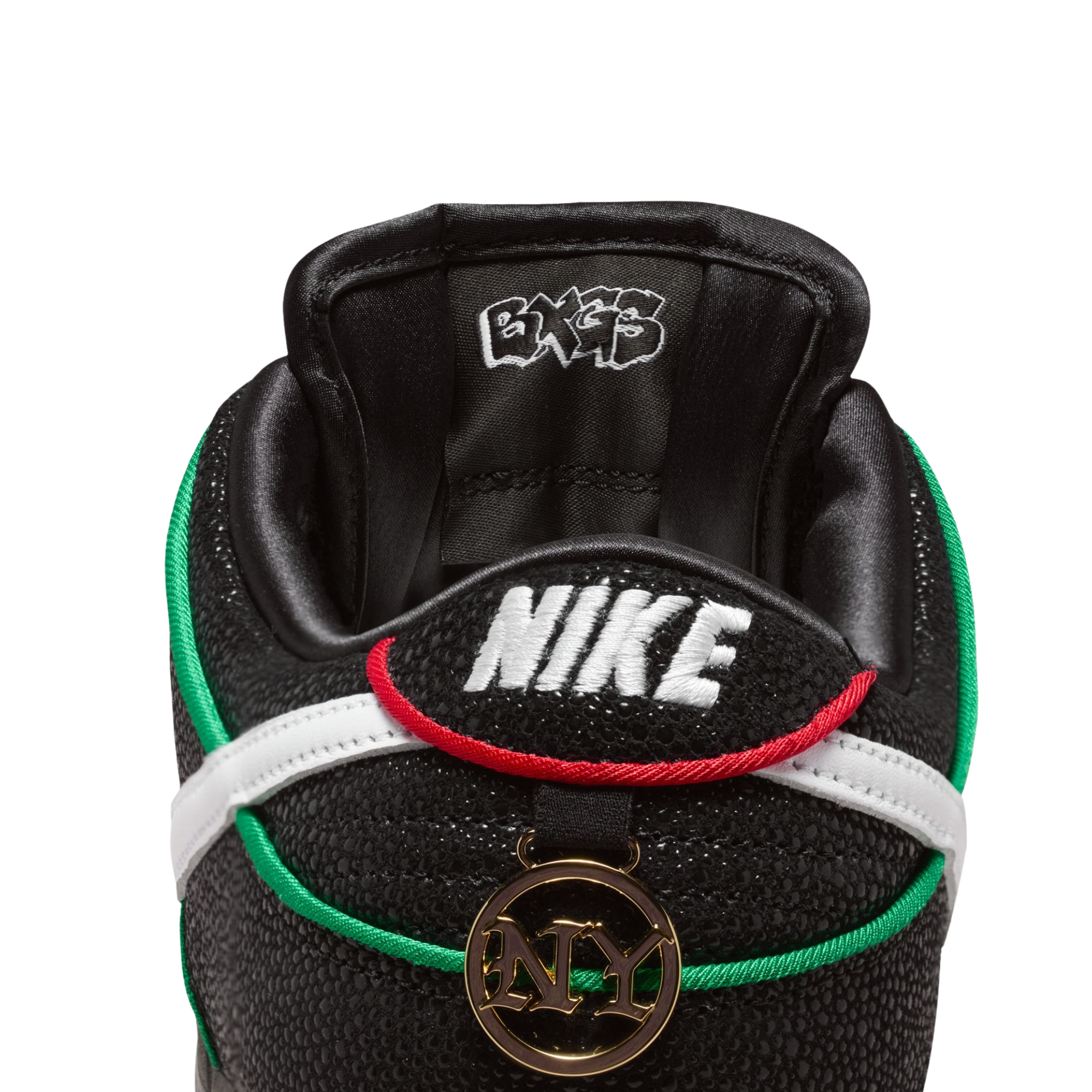 Black NIKE SB dunk low bronx girls skate sneaker with colorful accents on a white background