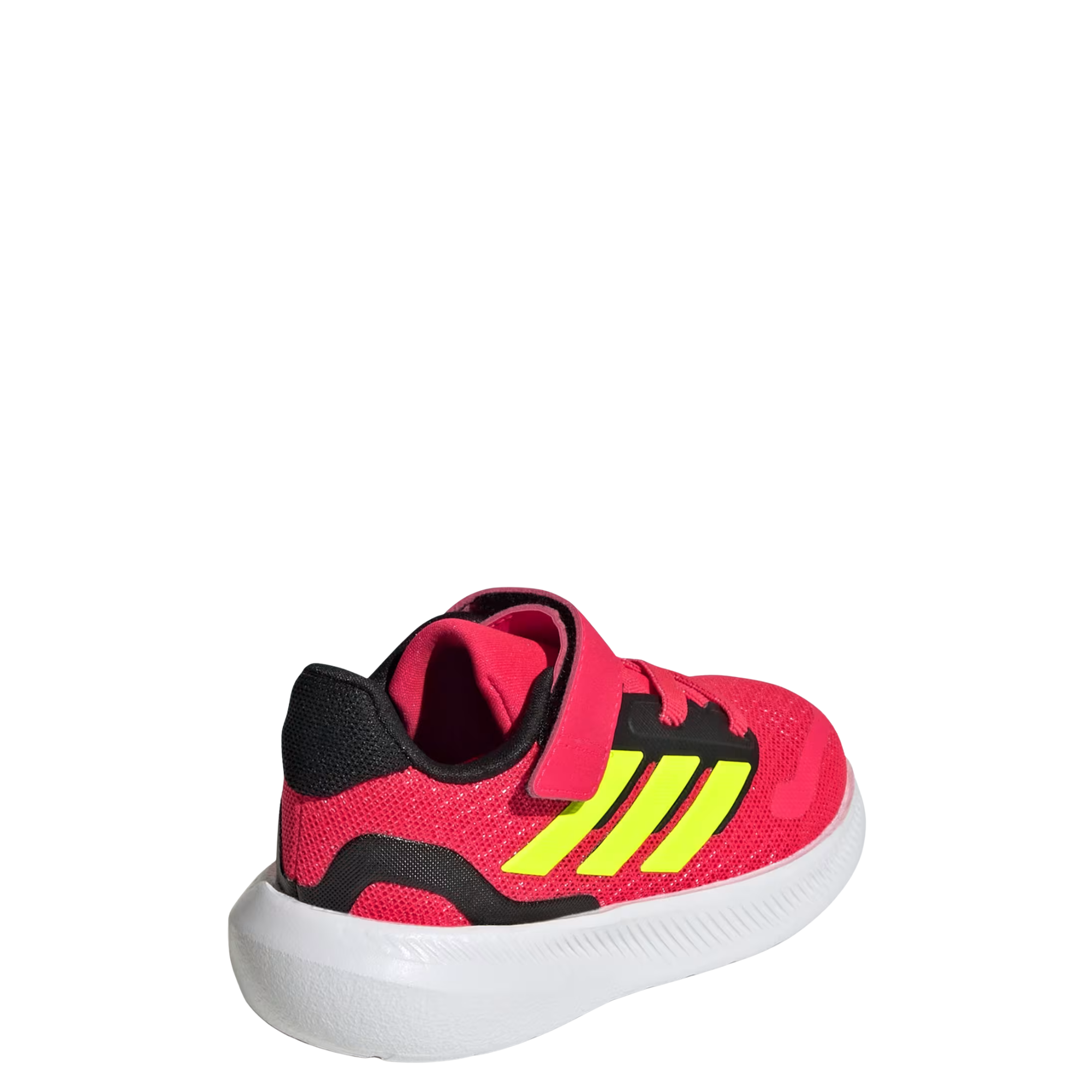 red and black Adidas runfalcon 5 kids elastic lace shoe with yellow stripes on a white background