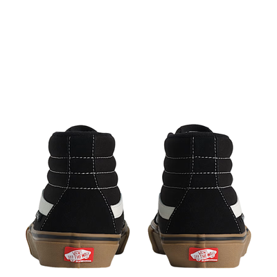 Vans skate sk8-hi Black high-top sneakers with gum soles on a white background