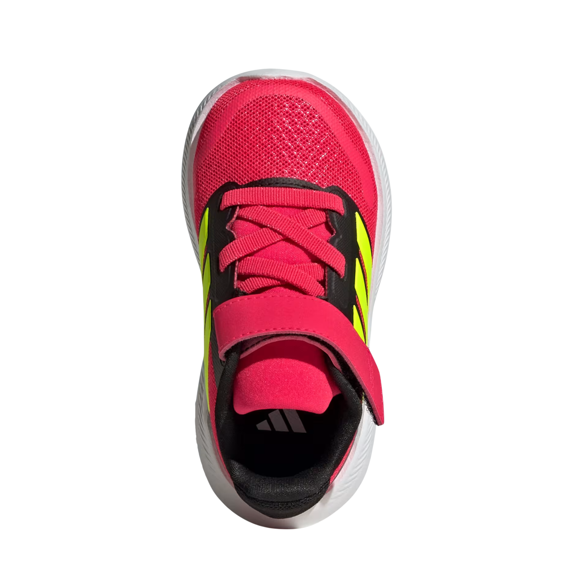 red and black Adidas runfalcon 5 kids elastic lace shoe with yellow stripes on a white background