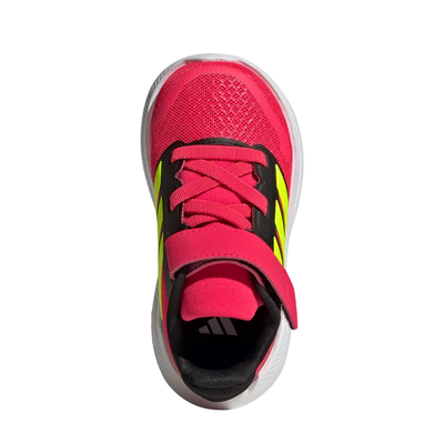 red and black Adidas runfalcon 5 kids elastic lace shoe with yellow stripes on a white background