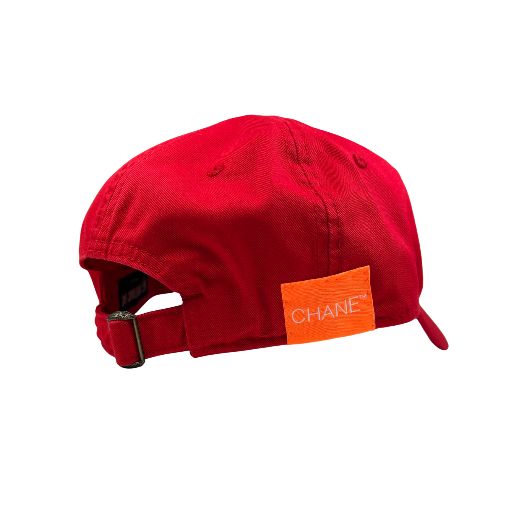 Red cap with an orange patch featuring 'CHANE' on a white background