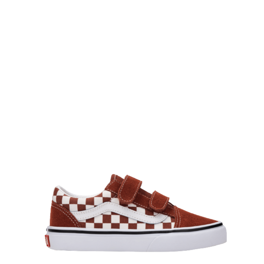 dark Red and white checkered vans old skool v sneaker with velcro straps on a white background