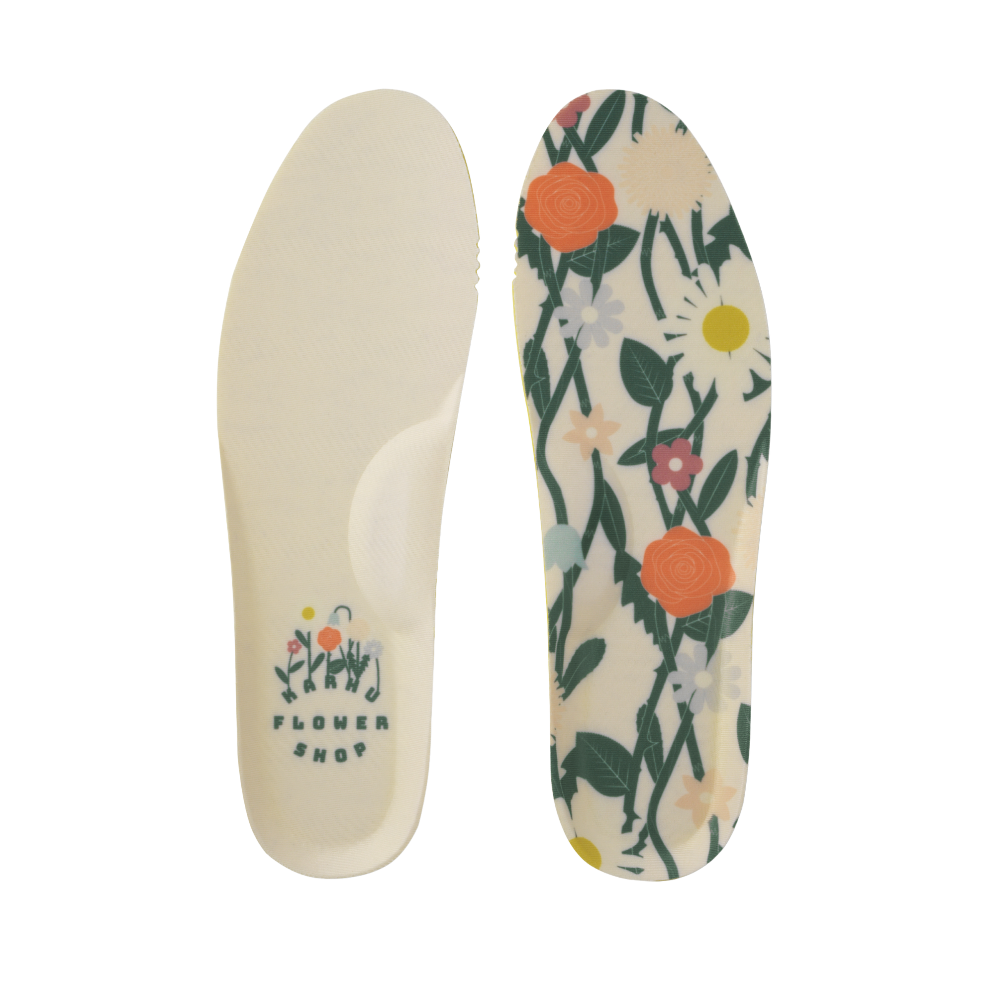 Floral-patterned insole with 'karhu Flower Shot' branding on a white background