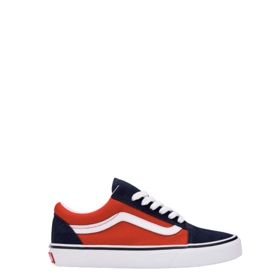 vans big kids old skool Sneaker with red and navy design on a white background